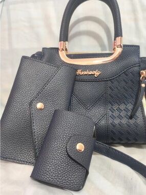 Handbag Set in Navy Blue with Gold Accents